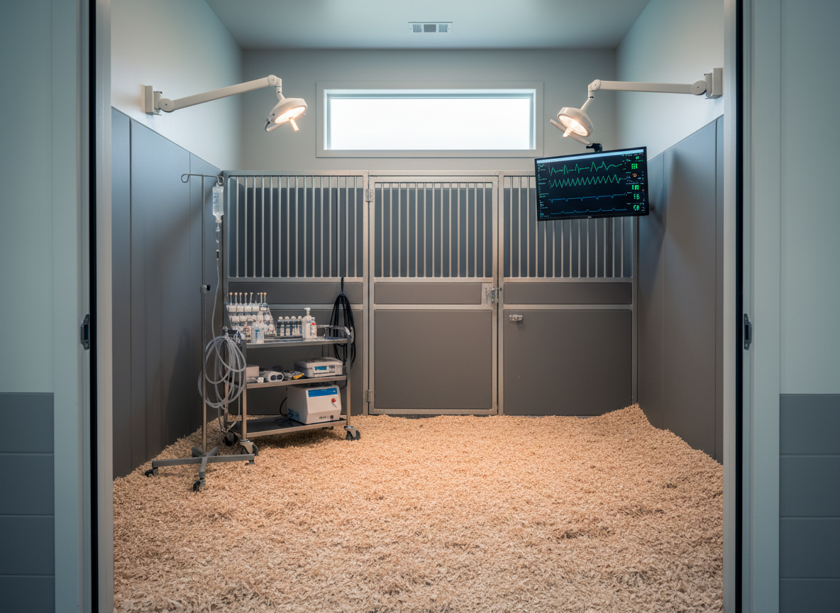 A meticulously organized equine intensive care stall, viewed from just outside the open doorway, featuring fresh, pale shavings on the floor and smooth, padded walls in neutral gray. At the center stands a sturdy, empty stall with an IV pole and fluid lines coiled neatly, a portable ventilator unit parked beside a rolling stainless steel cart arranged with labeled syringes, monitoring cables, and carefully folded towels. A large wall-mounted monitor displays clean vital sign waveforms and numeric readings against a dark background. Soft, cool daylight enters from a high, frosted window, supplemented by warm, adjustable exam lights that create a balanced, reassuring glow. Captured at eye level with deep focus, the composition conveys readiness, advanced critical care, and calm professionalism in a realistic, clinical photographic aesthetic.