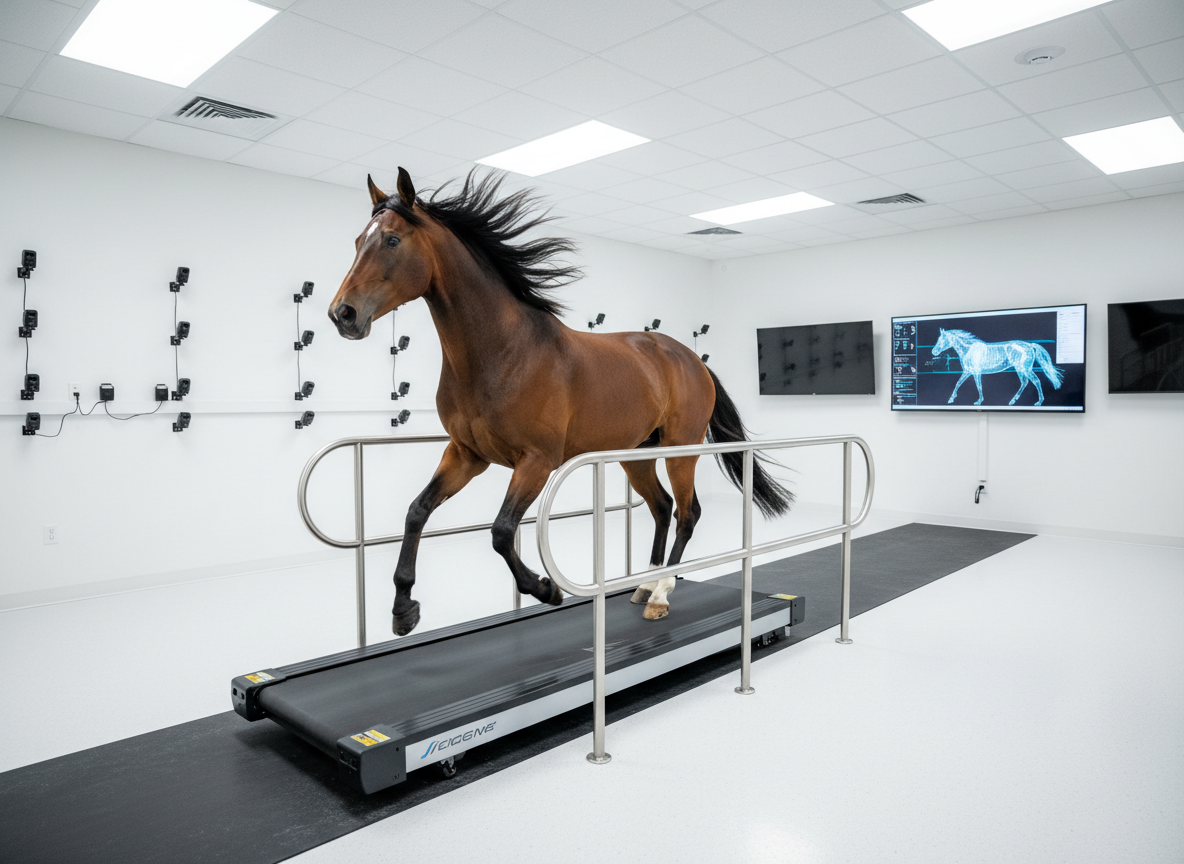 An elegant, bay horse cantering on a high-quality equine treadmill in a dedicated lameness and performance evaluation lab, its mane lifted by motion and its muscles clearly defined. The treadmill’s dark belt and metallic rails contrast with the bright, pristine epoxy floor and white walls lined with motion-capture cameras and wall-mounted monitors. One large screen shows a freeze-frame of the horse’s gait analysis in cool blues and whites. Overhead, evenly spaced LED panels cast clean, shadow-minimizing light, highlighting every contour of the horse’s legs and hooves. Shot from a three-quarter side angle with a moderate wide lens, the composition captures dynamic movement while maintaining clinical clarity, evoking innovation, athleticism, and precision in a modern photographic style.