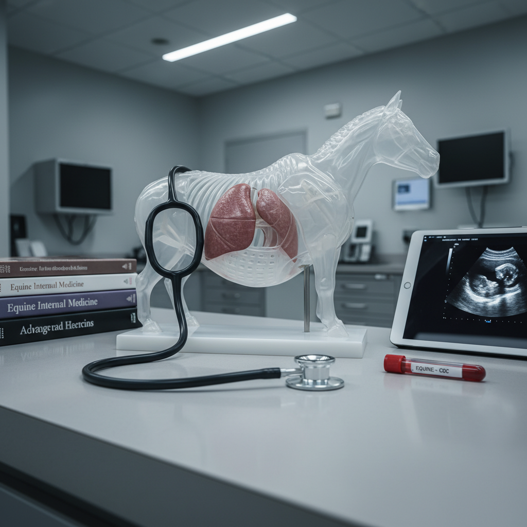 A close-up, photographic-realism shot of an equine stethoscope resting across a detailed anatomical model of a horse’s thorax on a smooth, light-gray clinical countertop. The stethoscope’s dark tubing curves gracefully, with the cool metal chest piece catching a highlight from overhead LED exam lights. Around it, there are neatly stacked veterinary textbooks on equine internal medicine, a tablet displaying a crisp ultrasound image of a horse’s heart, and a small, labeled blood sample tube lying on its side. The setting is a tidy, high-tech equine exam room with soft, cool-toned lighting that creates minimal shadows and a focused, studious atmosphere. Captured from a slightly elevated angle with shallow depth of field, the emphasis is on precision, knowledge, and cutting-edge care.